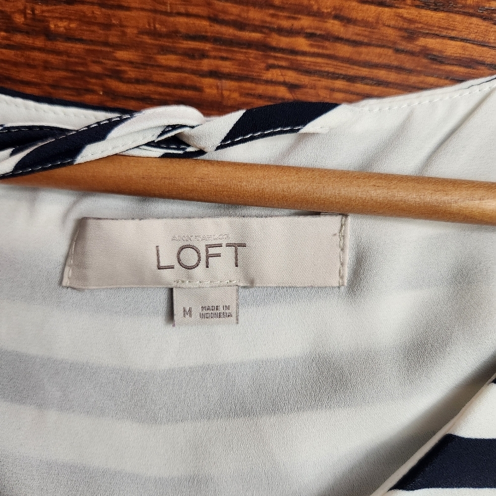 Ann Taylor LOFT Size Medium Striped Navy Sleeveless Sheath Dress tie belt - Picture 5 of 9
